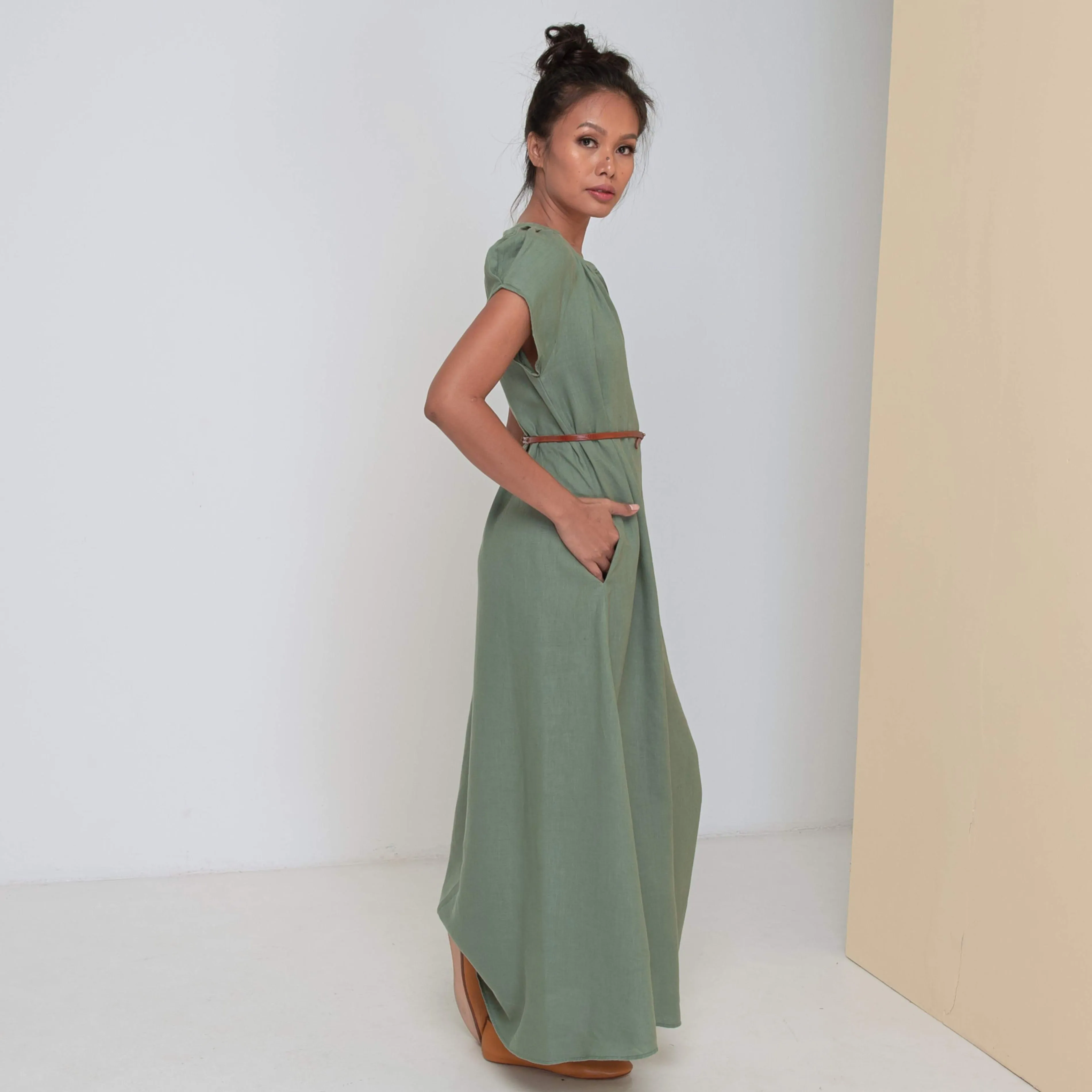 ADELE LONG DRESS - Linen | Light Olive Green