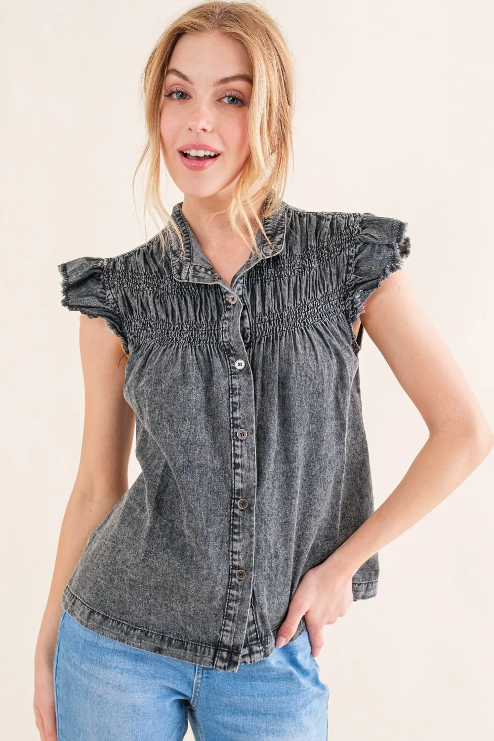 And The Why Full Size Ruffled Button Up Cap Sleeve Denim Top