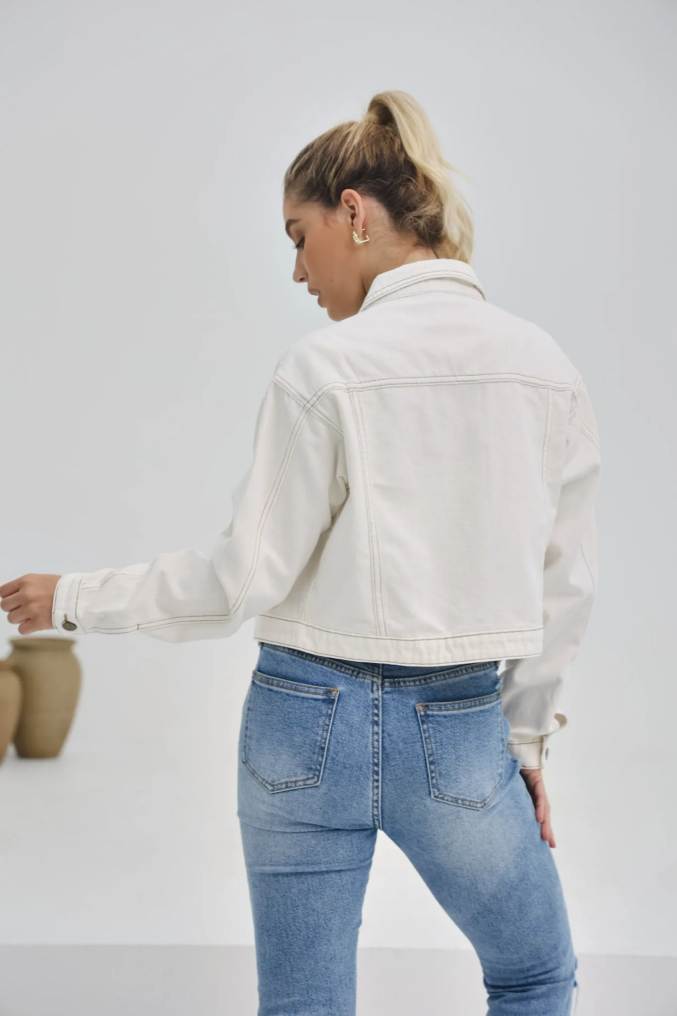 Avery Off-White Cropped Denim Jacket