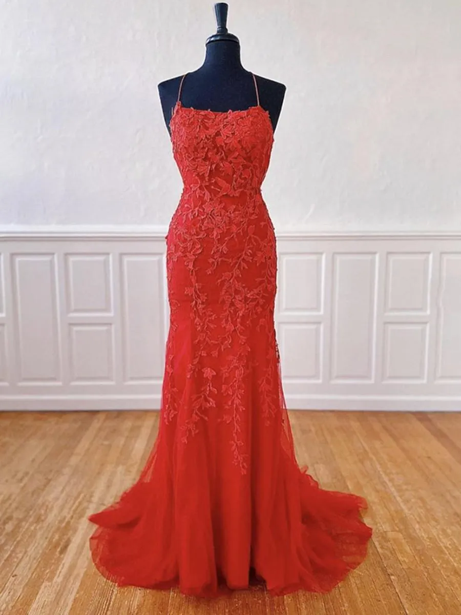 Backless Mermaid Long Red Lace Prom, Mermaid Red Lace Formal, Red Lace Evening