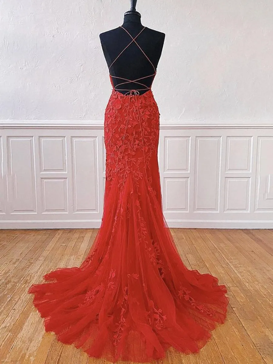 Backless Mermaid Long Red Lace Prom, Mermaid Red Lace Formal, Red Lace Evening