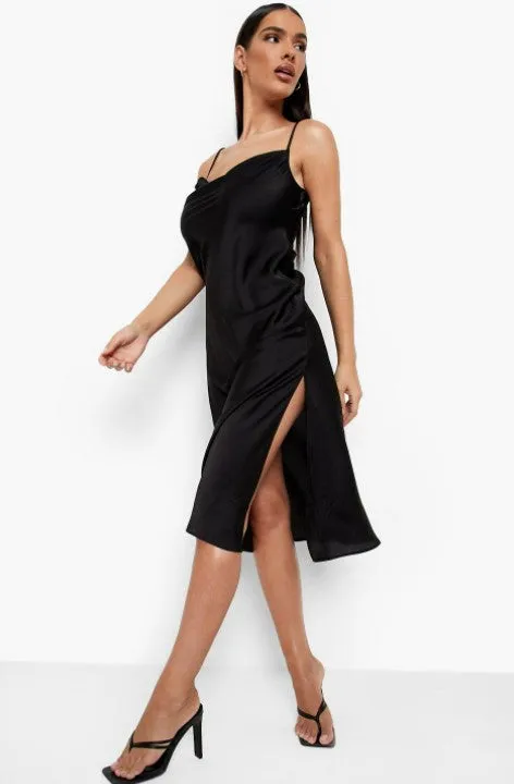 Black Satin Strappy Side Split Midi Slip Dress