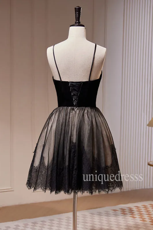 Black Spaghetti Straps Tulle Hoco Dress with Lace, A Line Short Homecoming Gown UQH0231