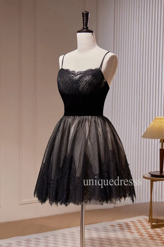 Black Spaghetti Straps Tulle Hoco Dress with Lace, A Line Short Homecoming Gown UQH0231