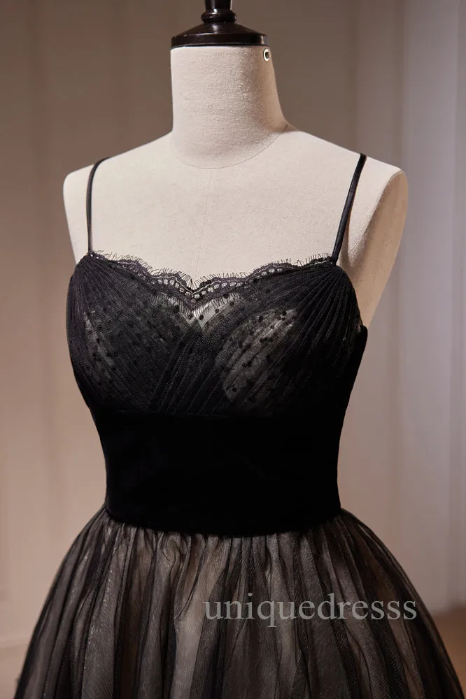 Black Spaghetti Straps Tulle Hoco Dress with Lace, A Line Short Homecoming Gown UQH0231