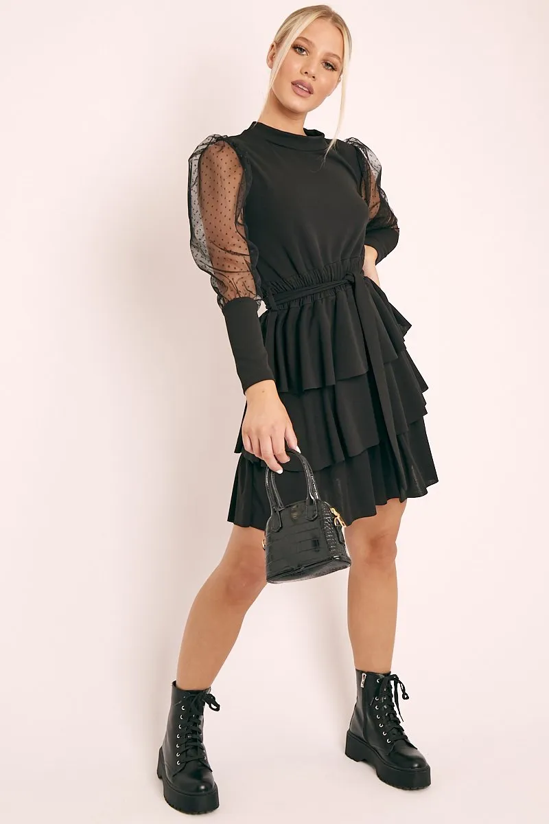 Black Tiered Skirt Belted Dress - Cassia