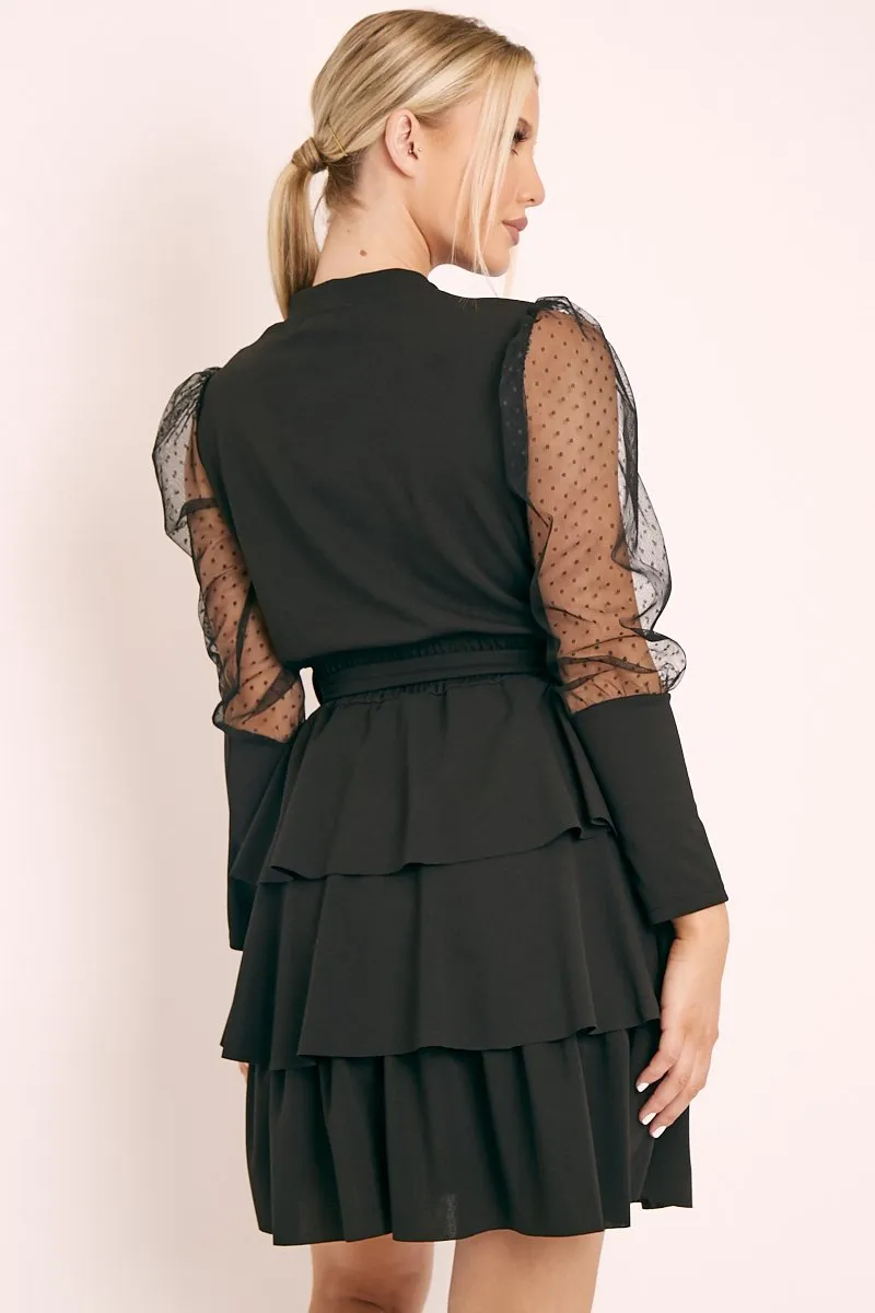 Black Tiered Skirt Belted Dress - Cassia