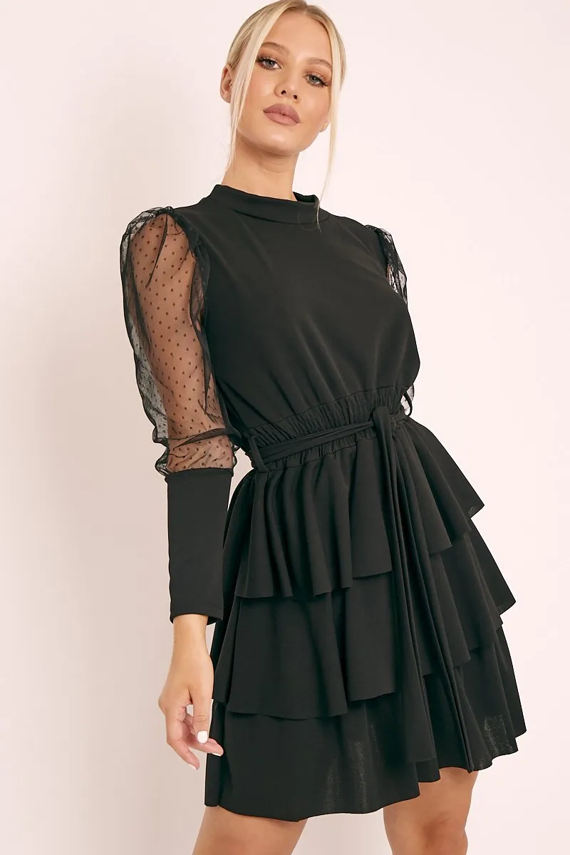 Black Tiered Skirt Belted Dress - Cassia