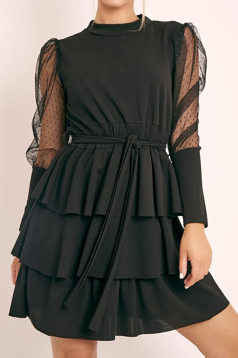 Black Tiered Skirt Belted Dress - Cassia