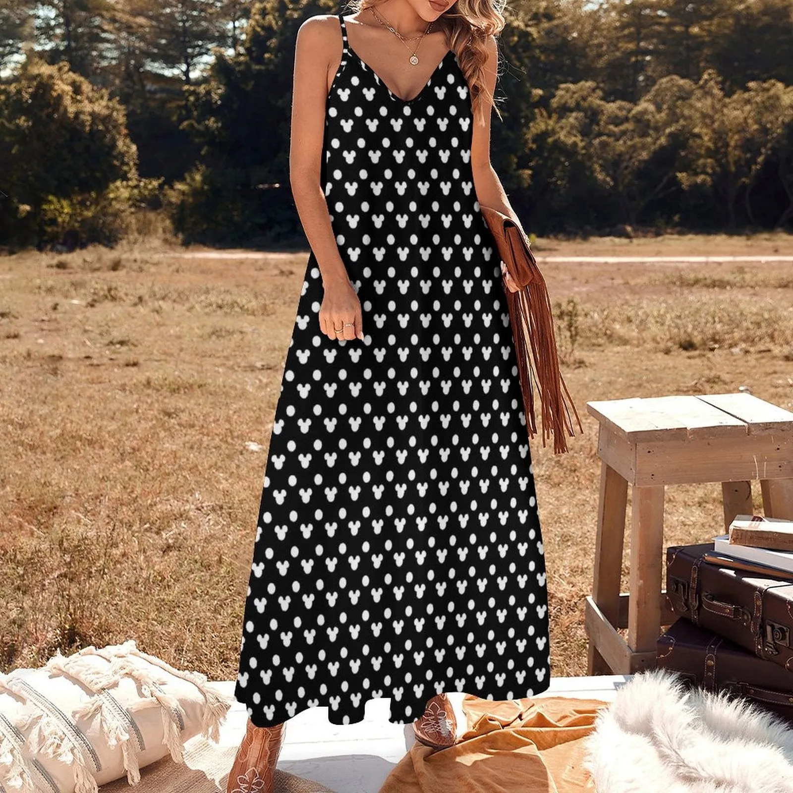 Black With White Mickey Polka Dots Women's Summer Slip Long Dress