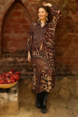 Brown Animal Patch Print Maxi Dress