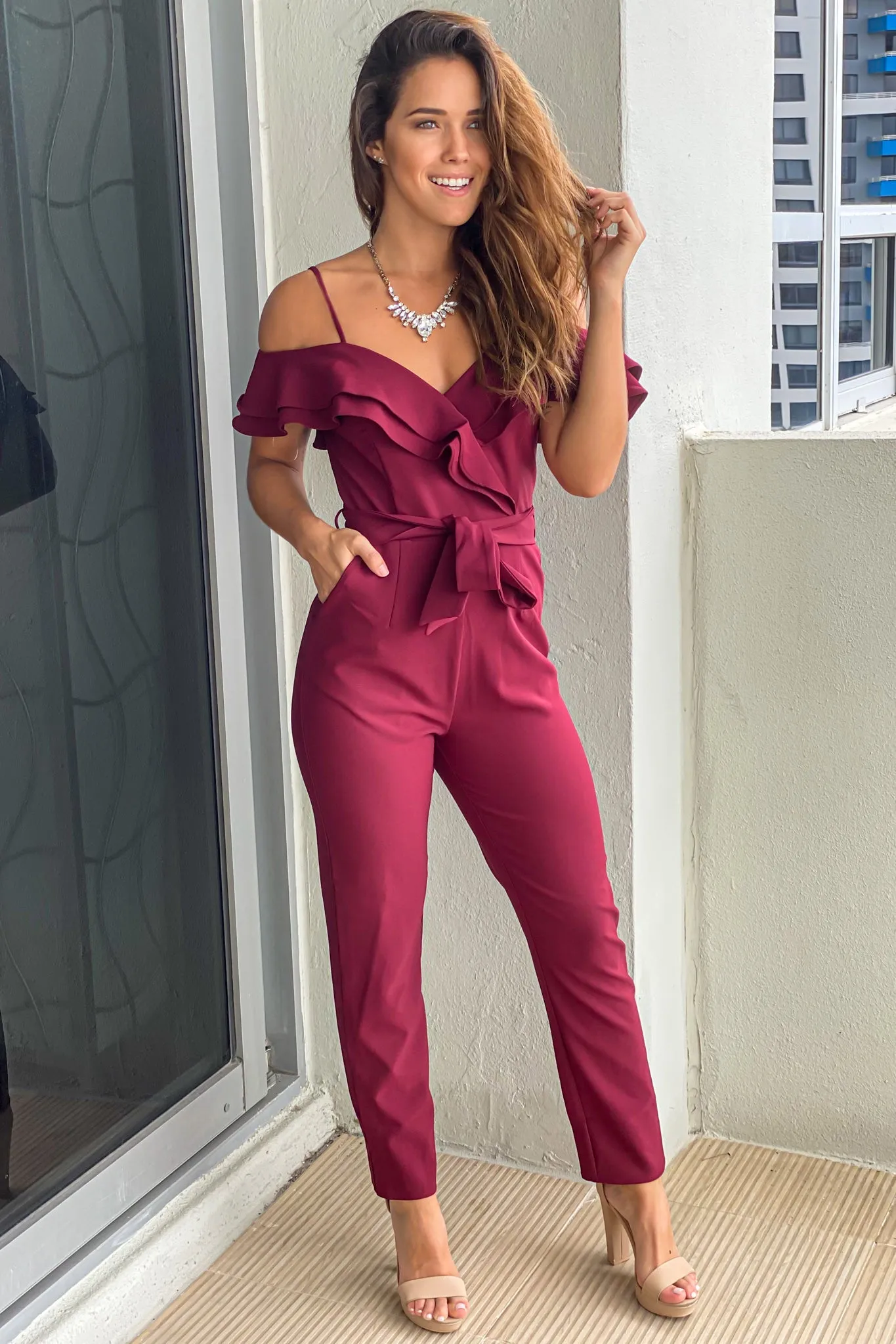 Burgundy Jumpsuit with Ruffled Top