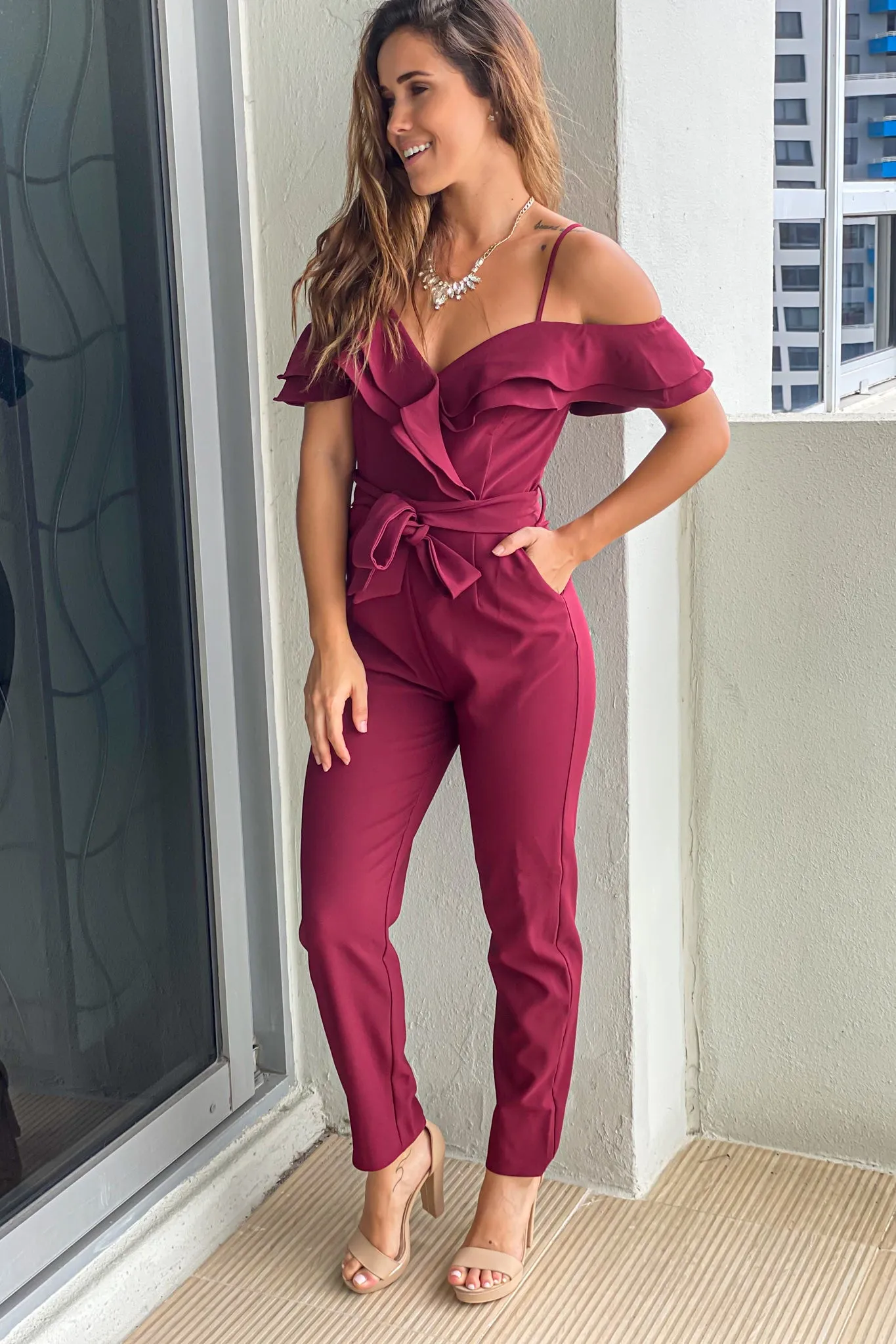 Burgundy Jumpsuit with Ruffled Top