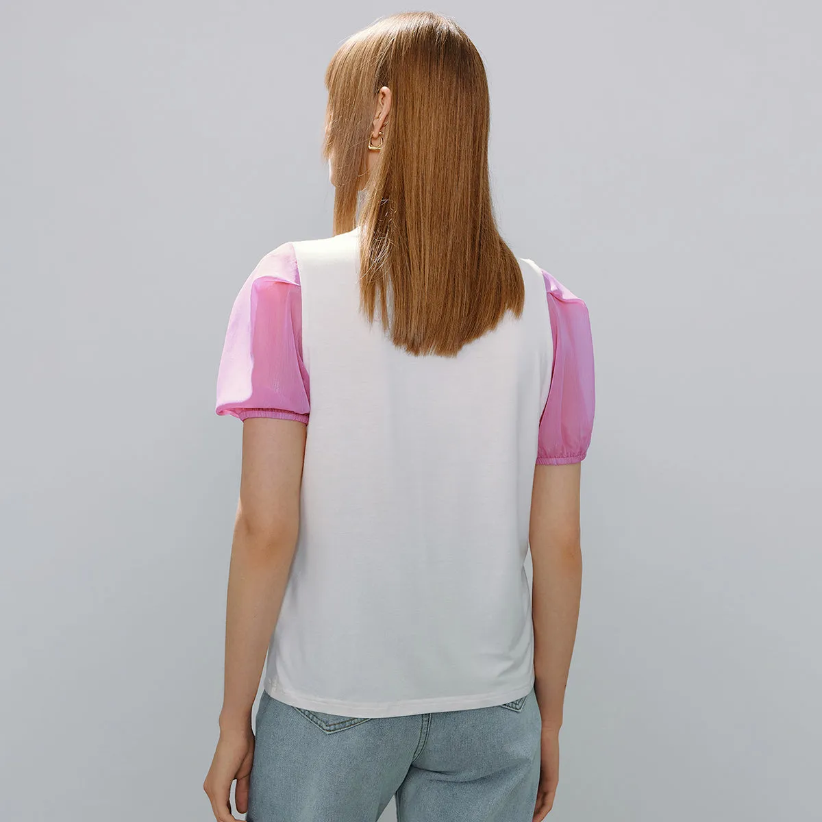 Colorblock Sheer Puff Sleeve Tee