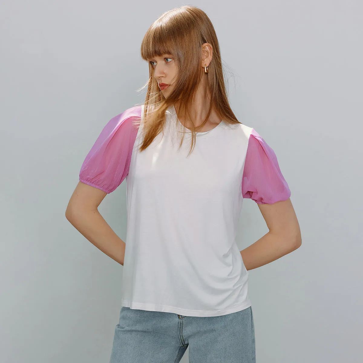 Colorblock Sheer Puff Sleeve Tee