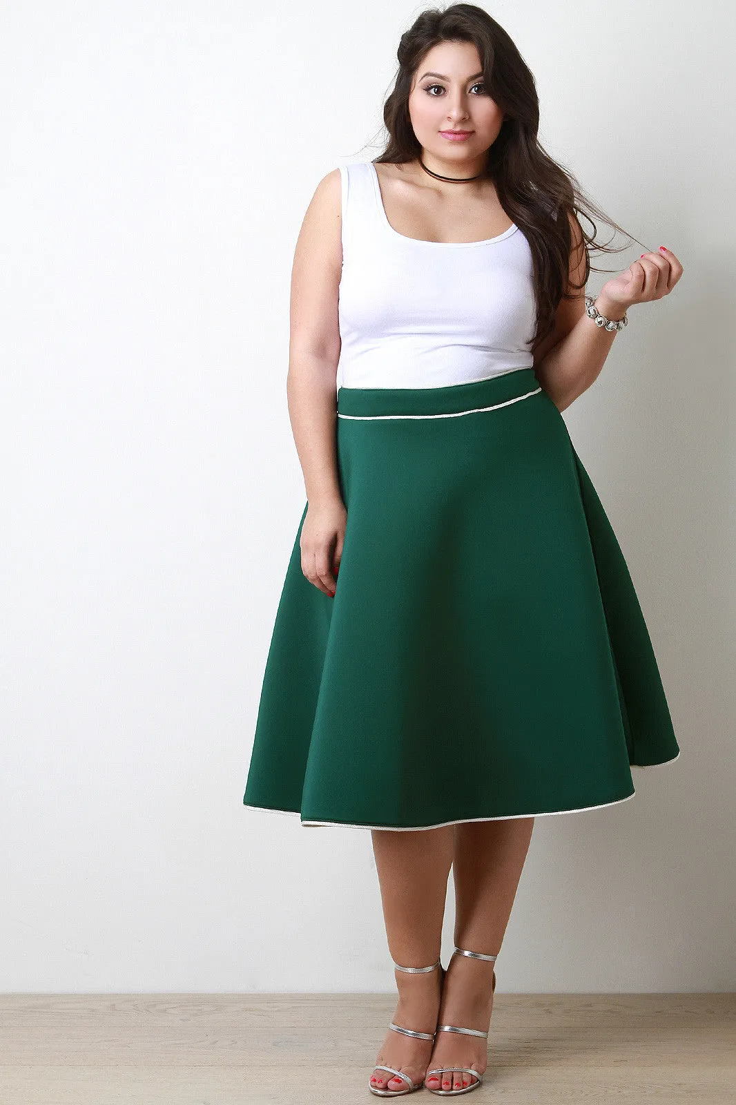 Contrast Piping Scuba Knit A-Line Skirt