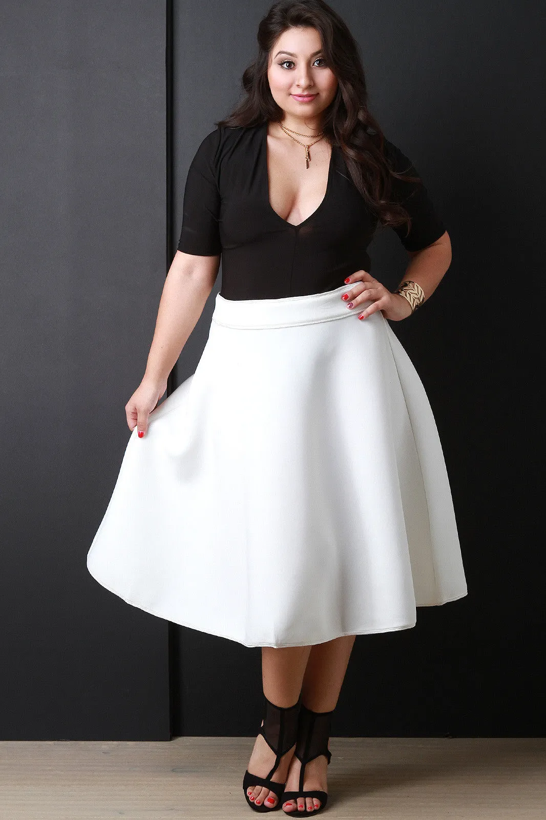 Contrast Piping Scuba Knit A-Line Skirt