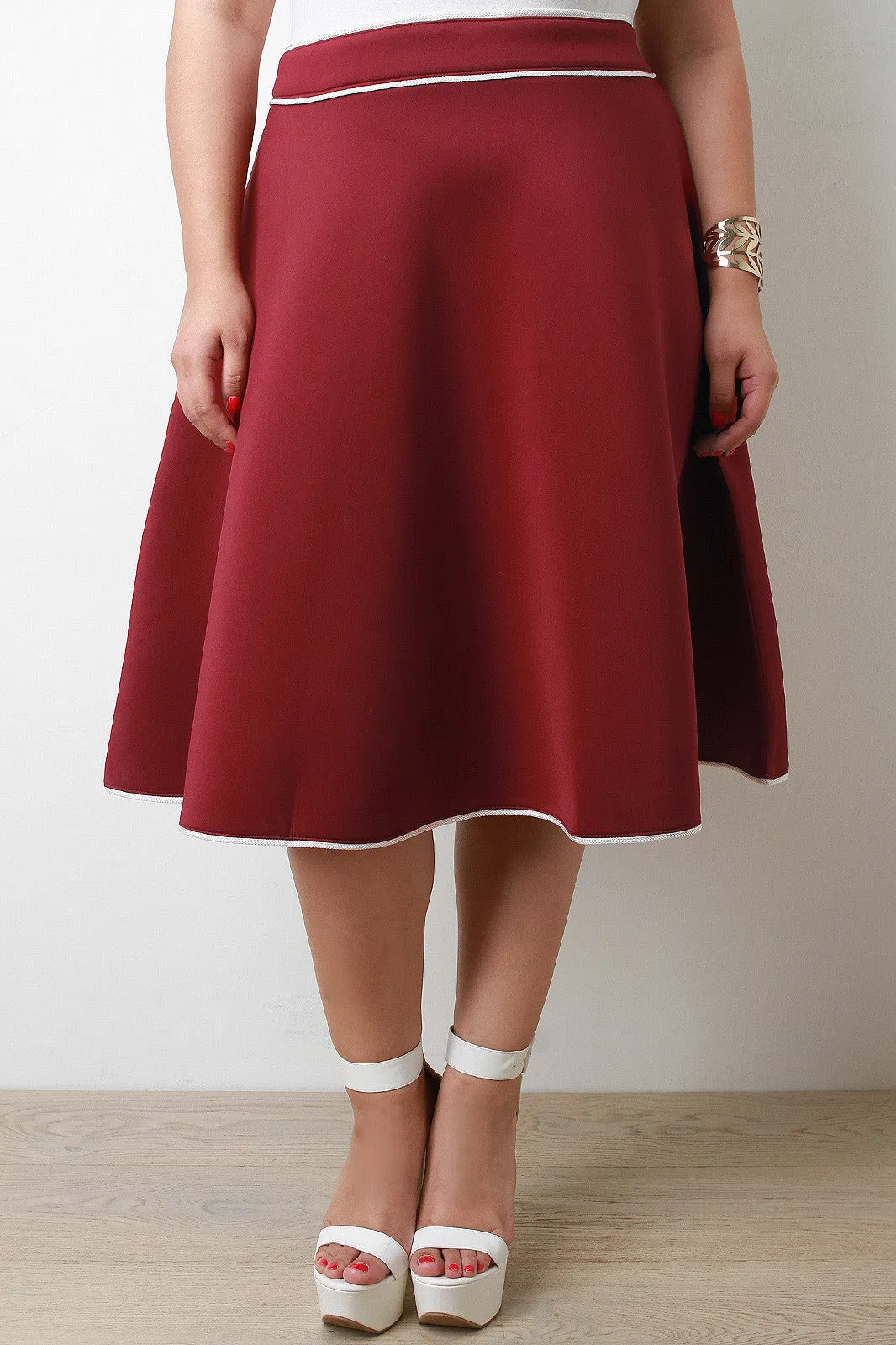 Contrast Piping Scuba Knit A-Line Skirt