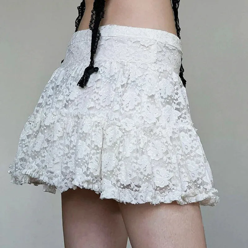 Coquette Fashion White Low Waist Lace Skirt Women Ruched Frills Hotsweet Korean Mini Skirt A-Line Folds Party Outfits