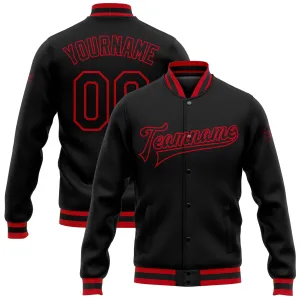 Custom Black Black-Red Bomber Full-Snap Varsity Letterman Jacket