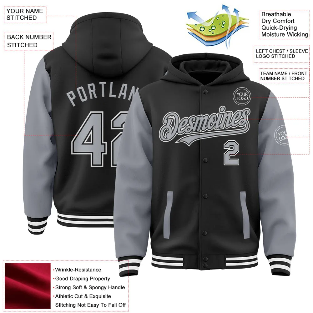 Custom Black Gray-White Bomber Full-Snap Varsity Letterman Two Tone Hoodie Jacket