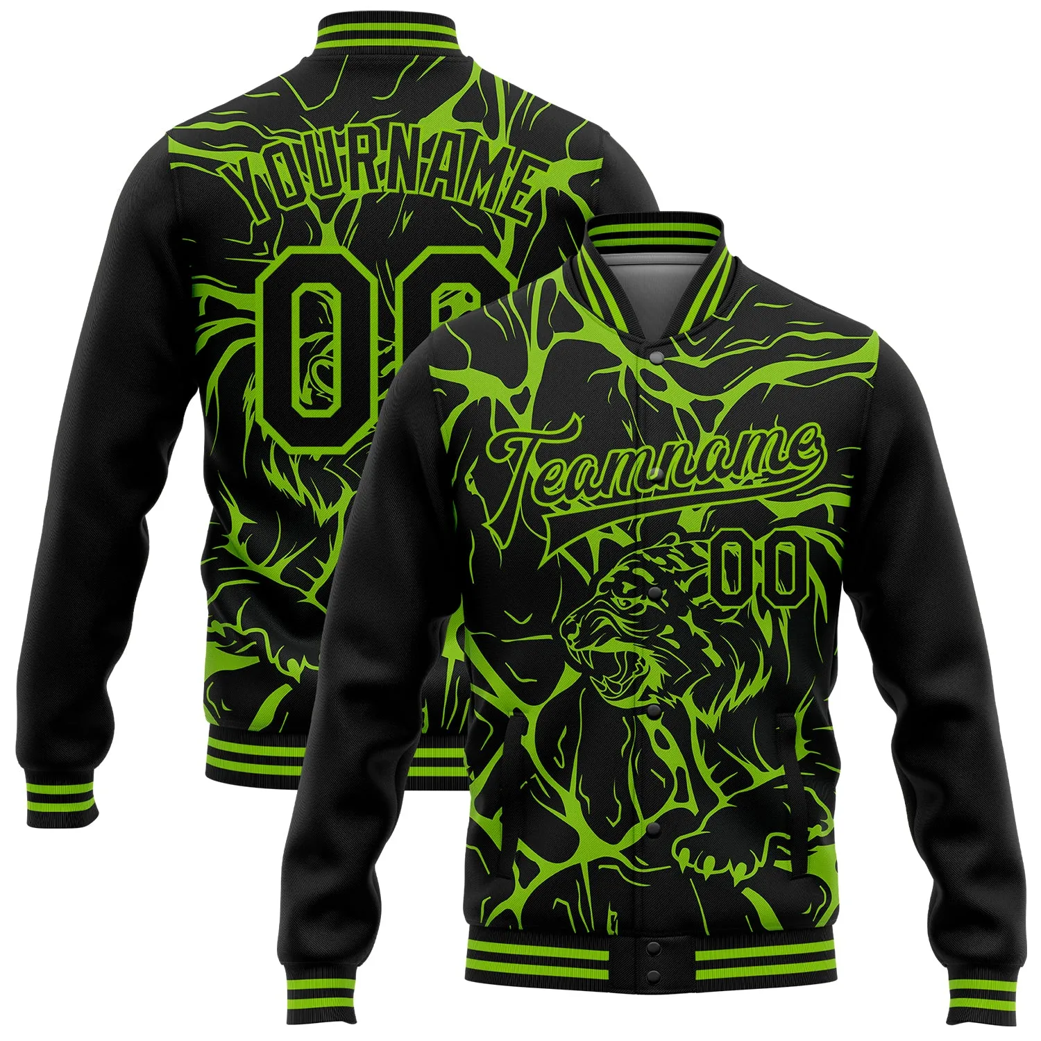 Custom Black Neon Green Abstract Network And Tiger 3D Pattern Design Bomber Full-Snap Varsity Letterman Jacket