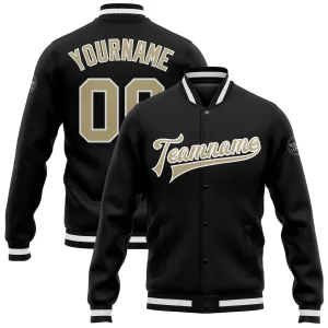 Custom Black Vegas Gold-White Bomber Full-Snap Varsity Letterman Jacket