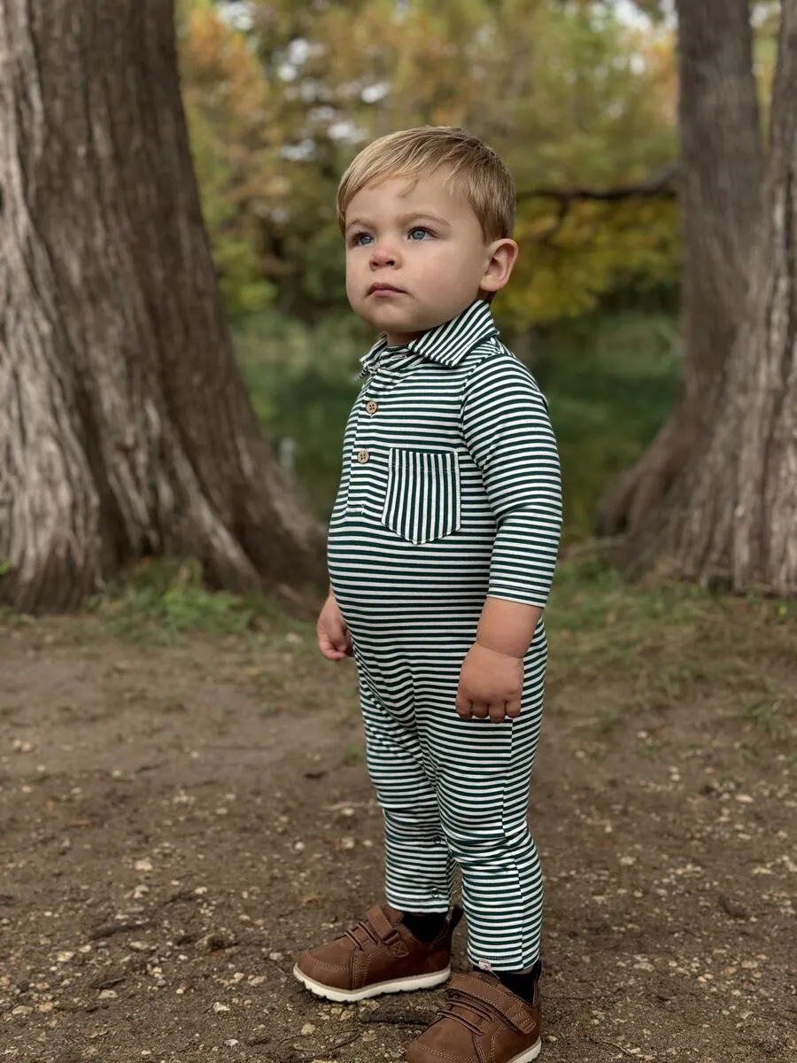 Dark Green/White Stripe Kingston Polo Romper