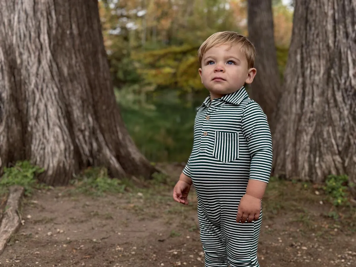 Dark Green/White Stripe Kingston Polo Romper