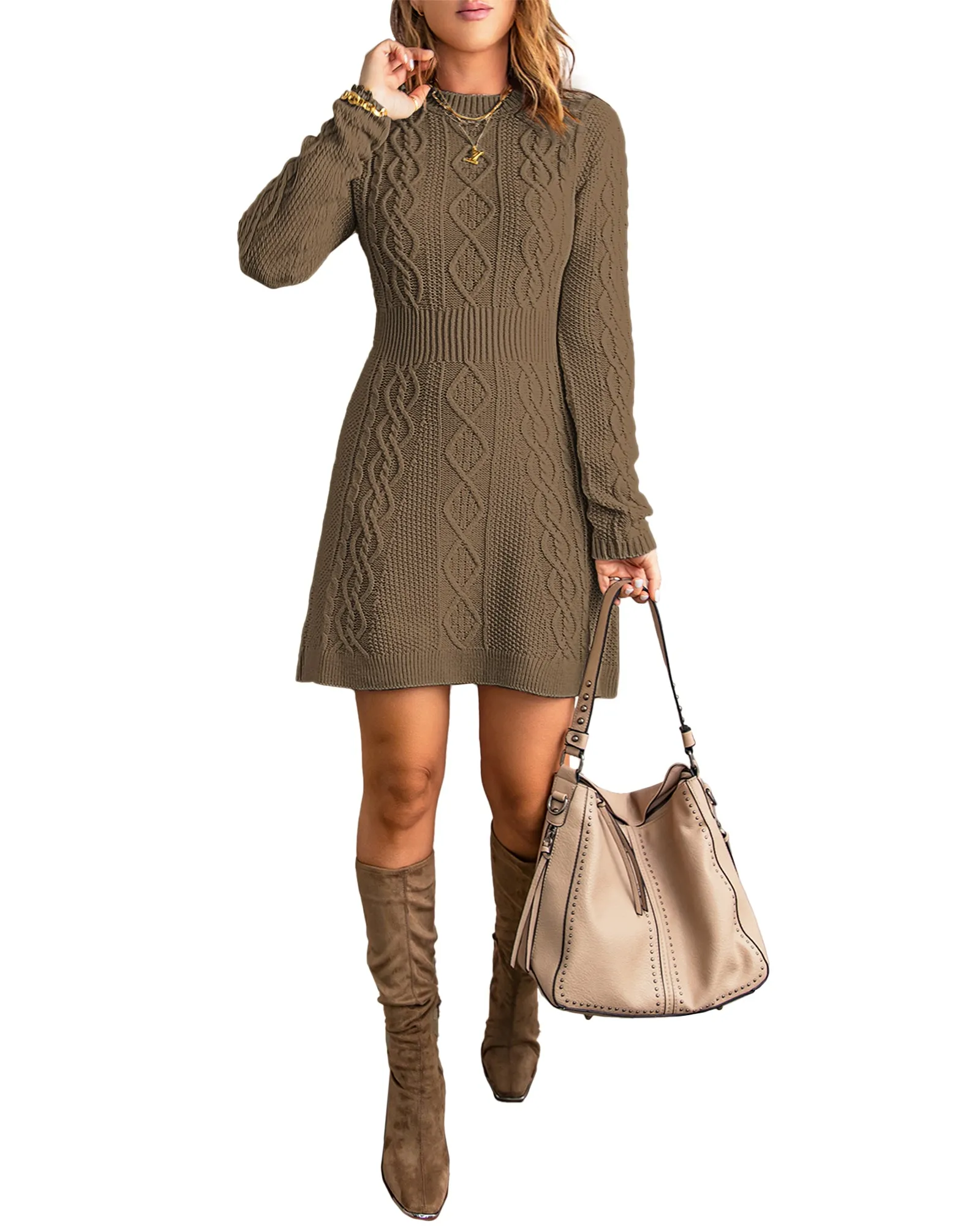 Dark Grey Women Casual A-line Knit Long Sleeve Pullover Sweater Short Dress.