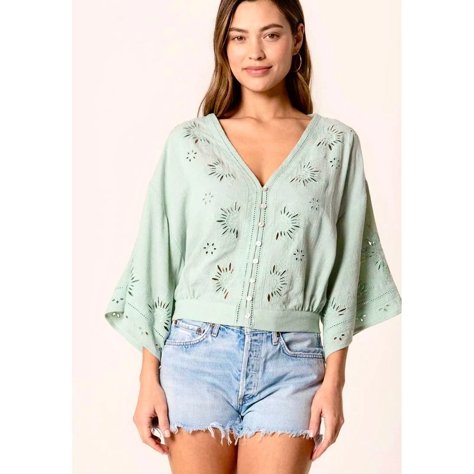 Eilijah Sage Eyelit Detailed Lovestitch Top-SALE