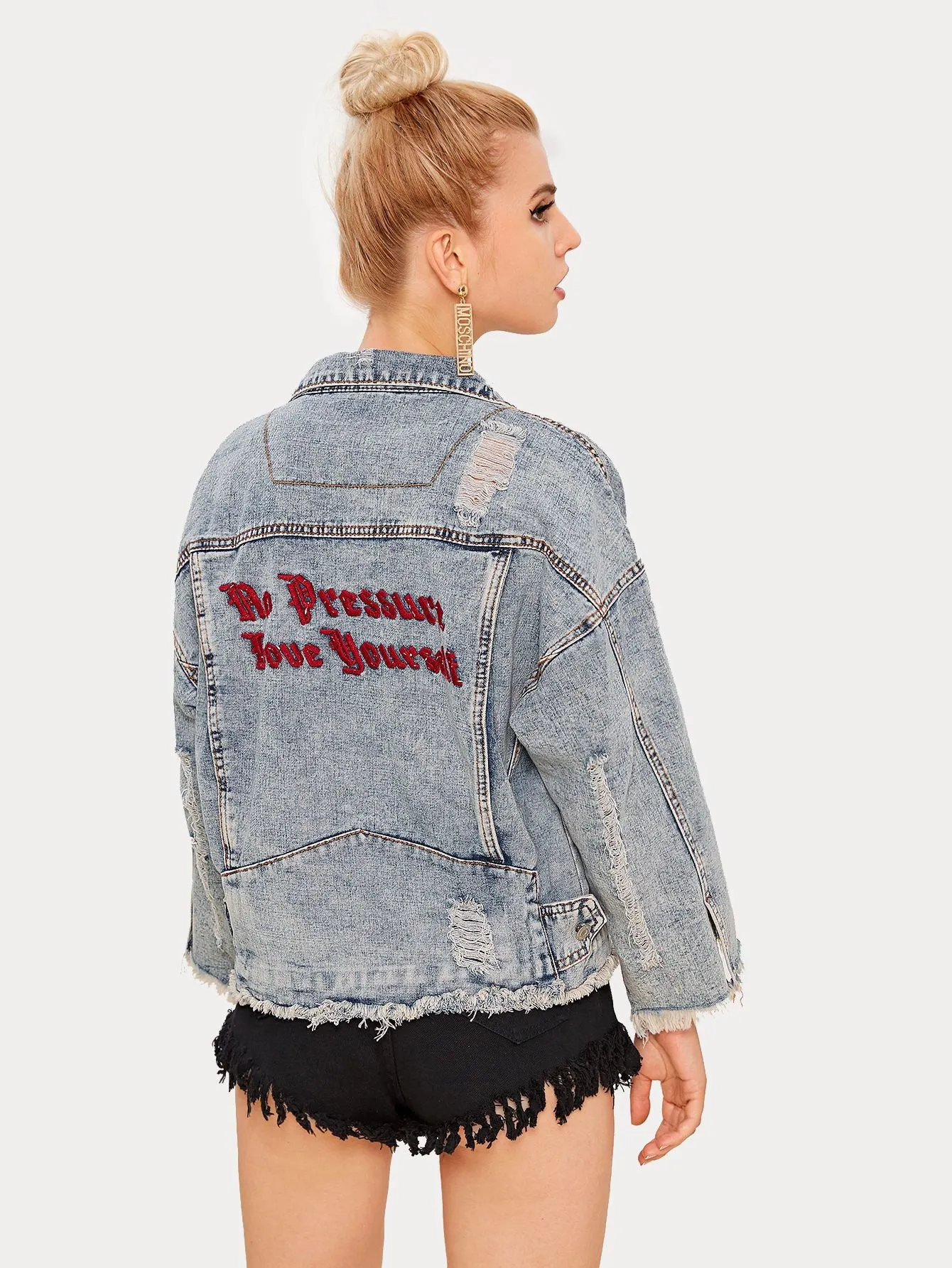 Embroidery Ripped Raw Hem Denim Jacket