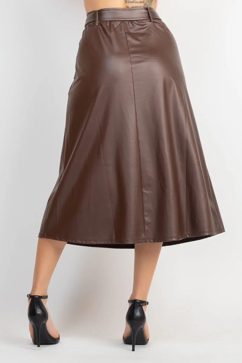 Faux Leather Belted A-line Skirt