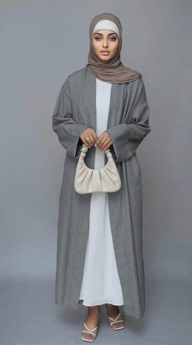 Gray Lounia maxi throw over abaya in light linen fabric with a detachable belt