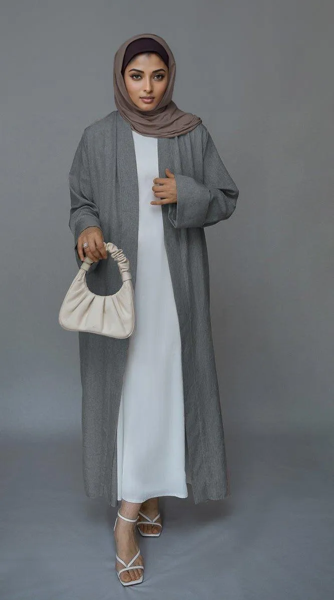 Gray Lounia maxi throw over abaya in light linen fabric with a detachable belt