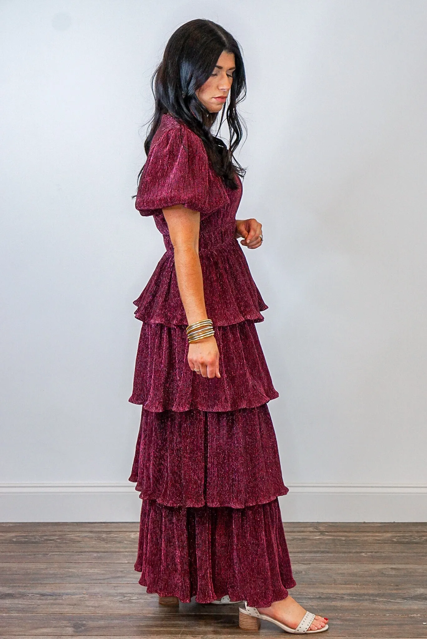 Holiday Shimmer Burgundy Maxi Dress