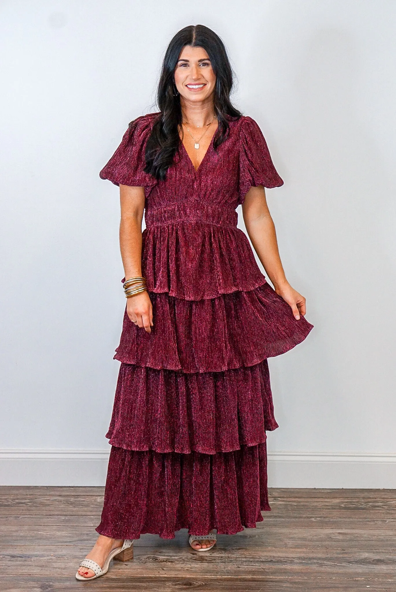 Holiday Shimmer Burgundy Maxi Dress