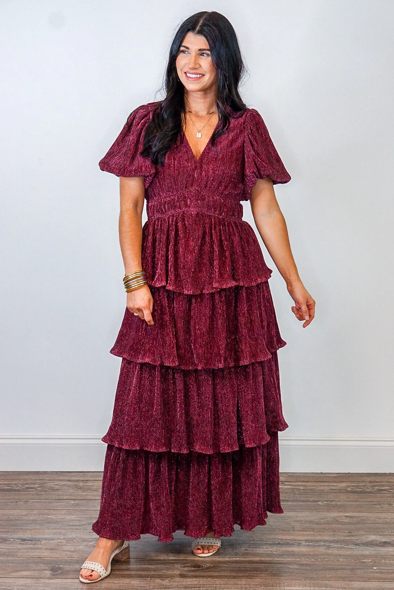 Holiday Shimmer Burgundy Maxi Dress