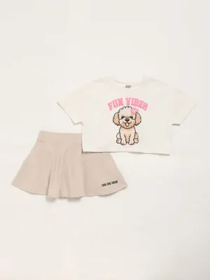 HOP Kids Beige Skirt with Printed Crop Top