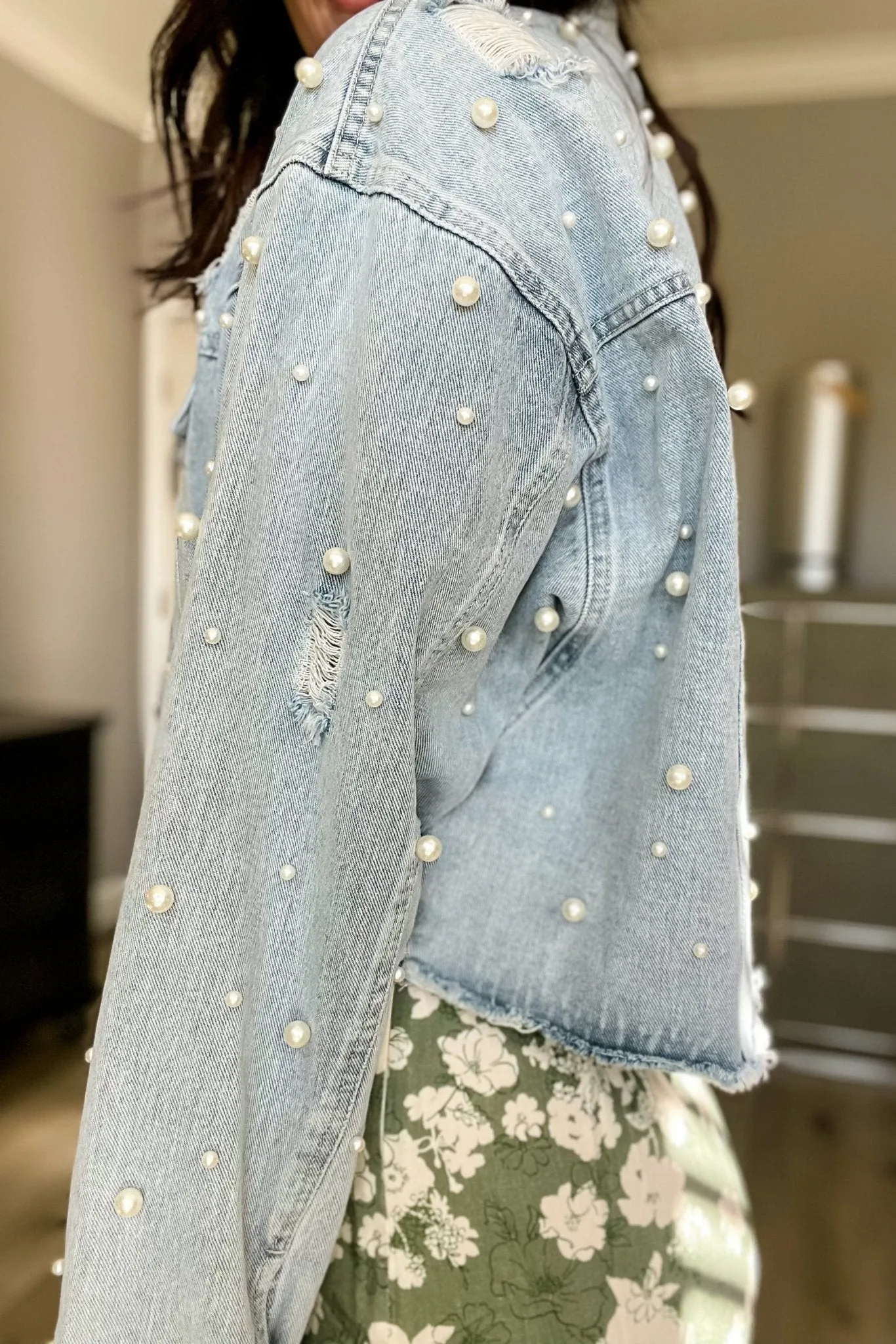 I Do Pearl Embellished Light Wash Denim Jacket