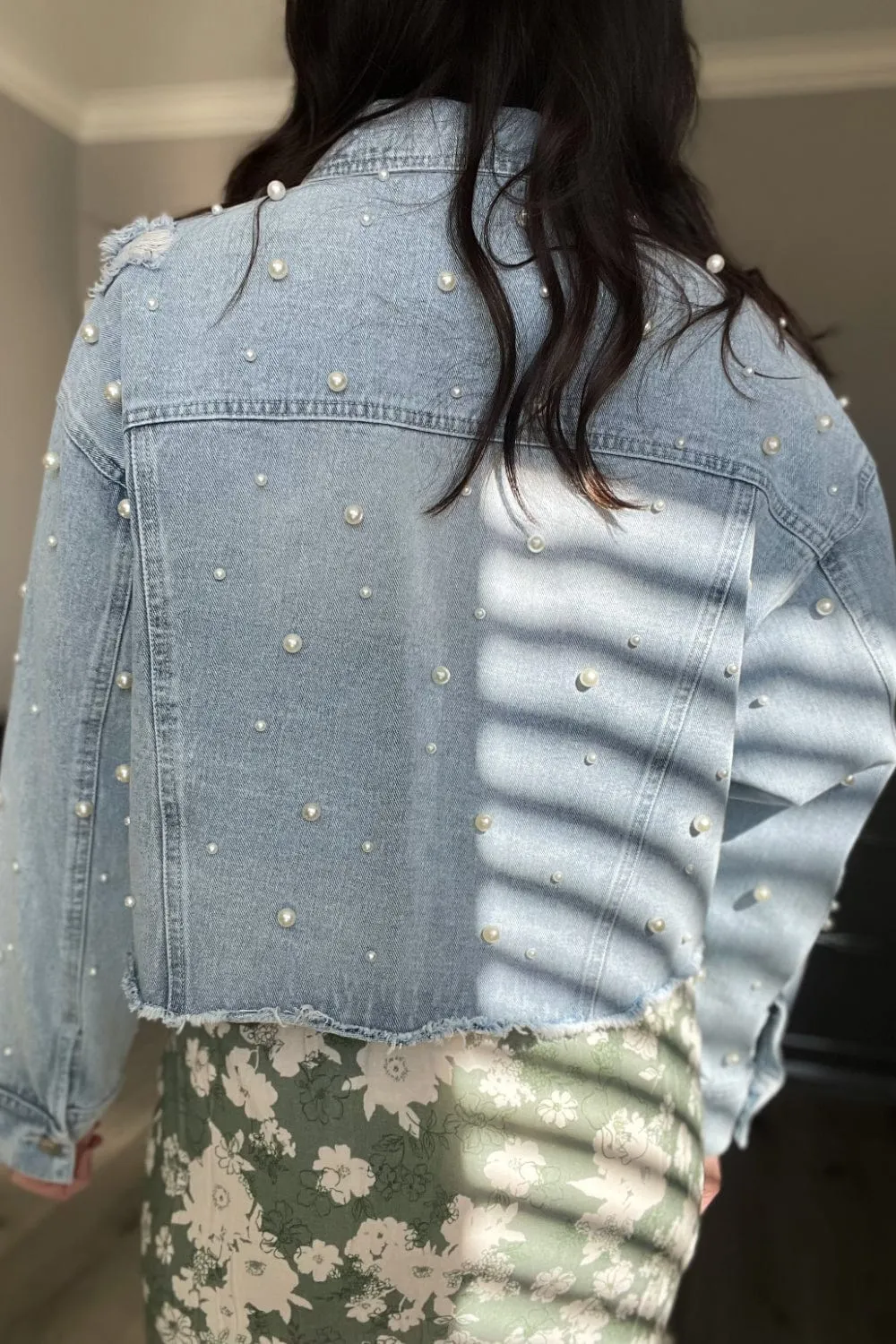 I Do Pearl Embellished Light Wash Denim Jacket