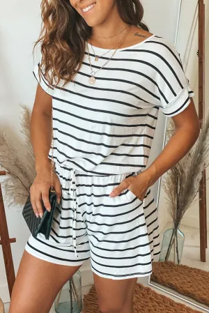 Ivory And Black Striped Romper With Pockets