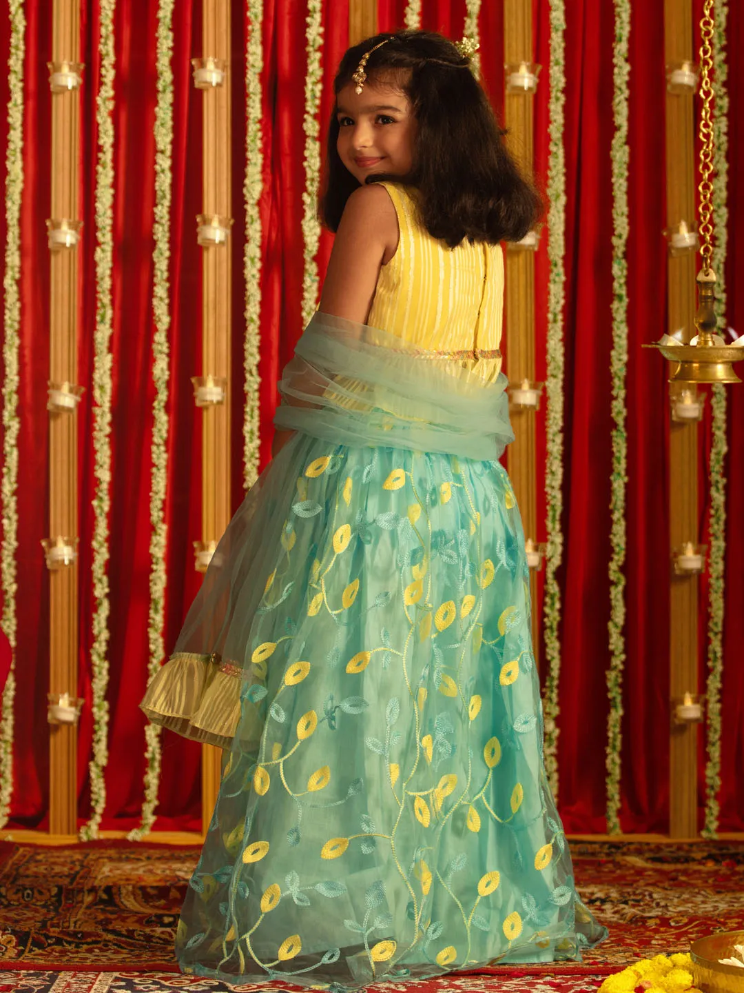 Jashvi Girls' Yellow Crop Top And Aqua Lehenga With Ruffled Dupatta Set