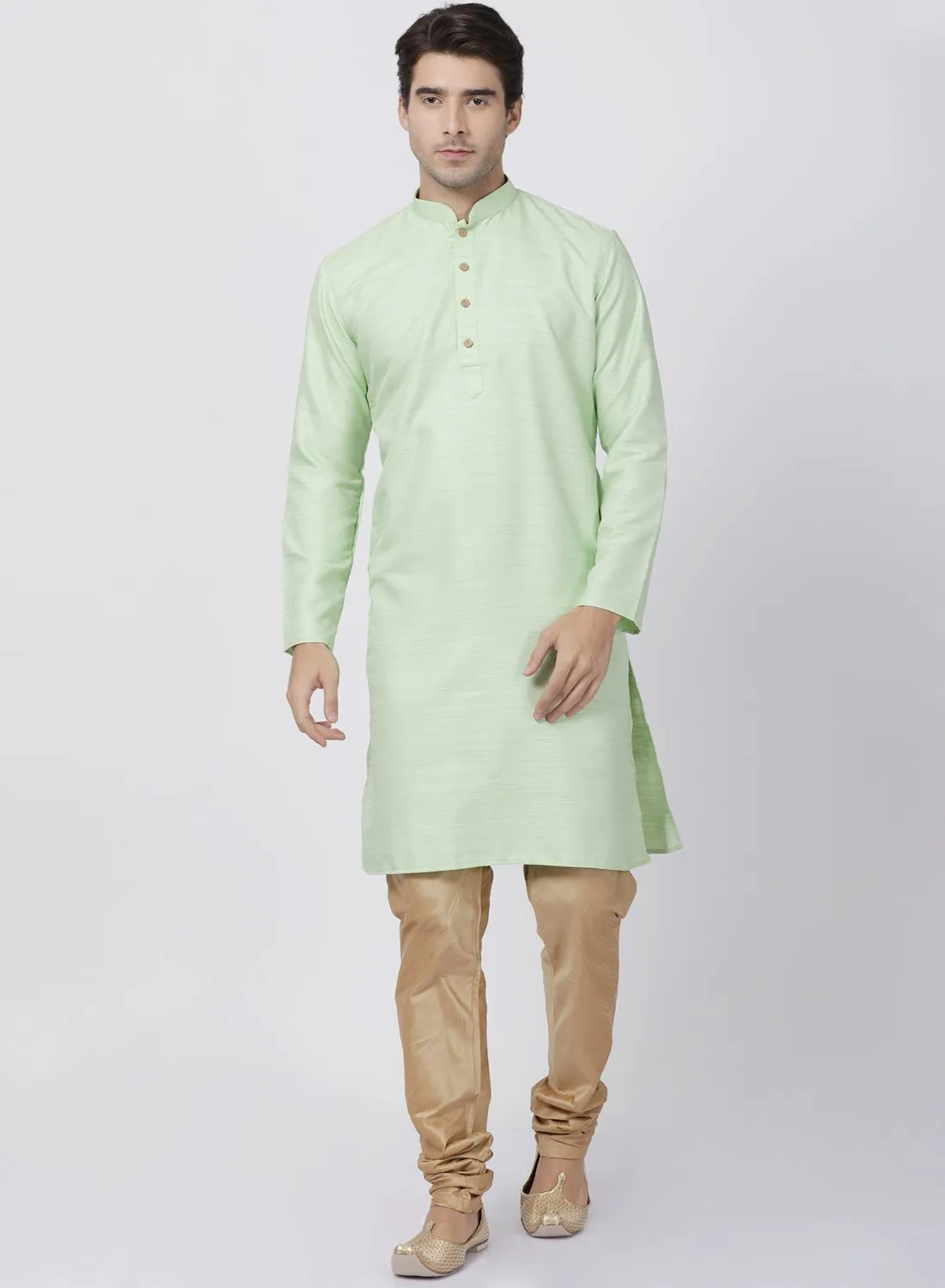 Jashvi Jashvi Men's Light Green Cotton Silk Blend Kurta and Pyjama Set