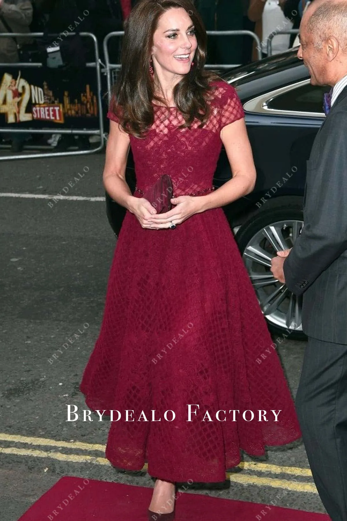 Kate Middleton Burgundy Tea Length Dress 42nd Street Opening Night