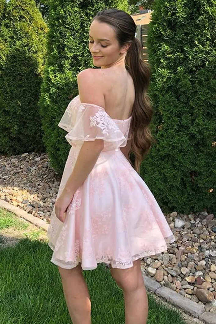 Light Pink Off the Shoulder Short Lace Homecoming Dress, A Line Cute Prom Gown UQH0105