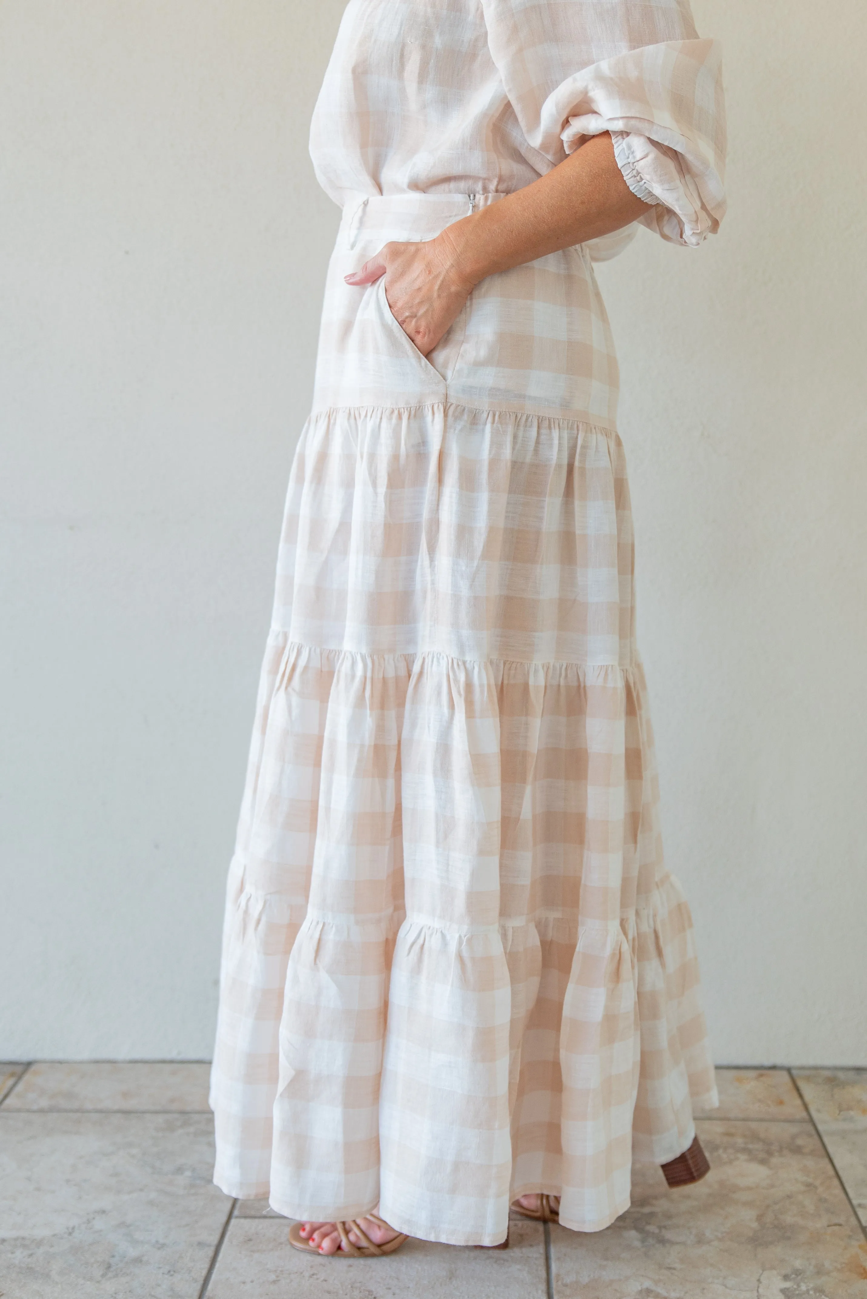 Linen Tiered Skirt Calico Gingham