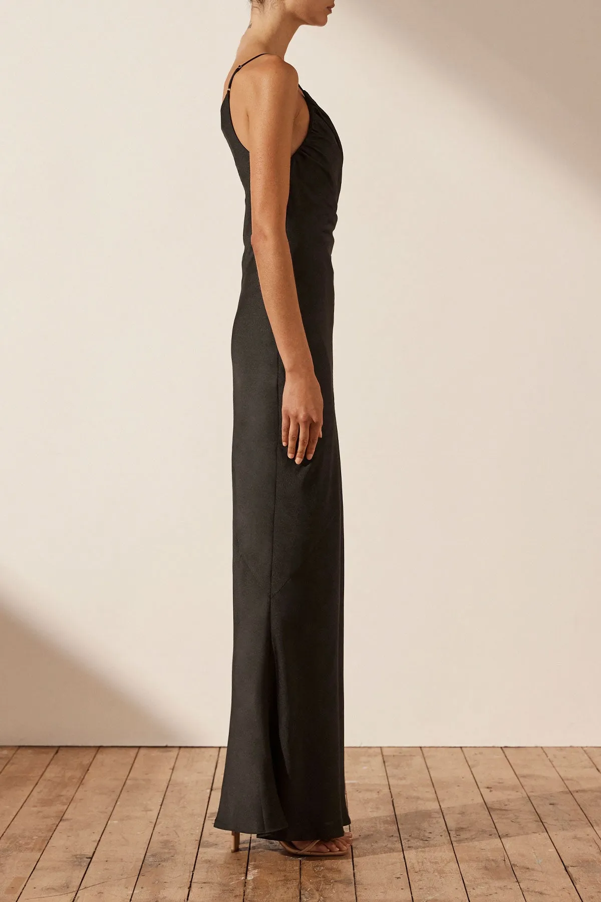 LUXE ASYMMETRICAL GATHERED MAXI DRESS - ONYX