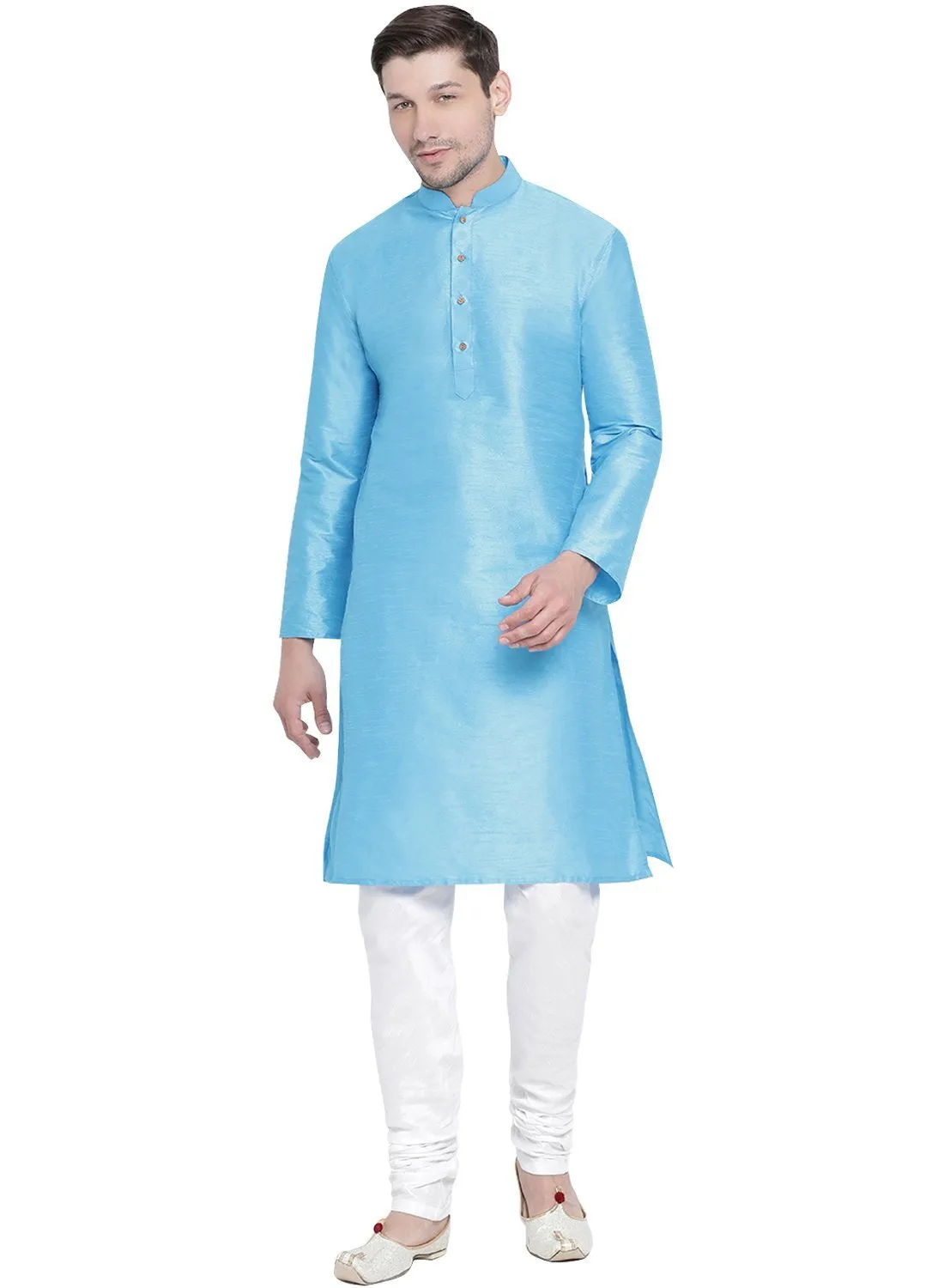 Men's Light Blue Silk Blend Kurta and Pyjama Set - Vastramay