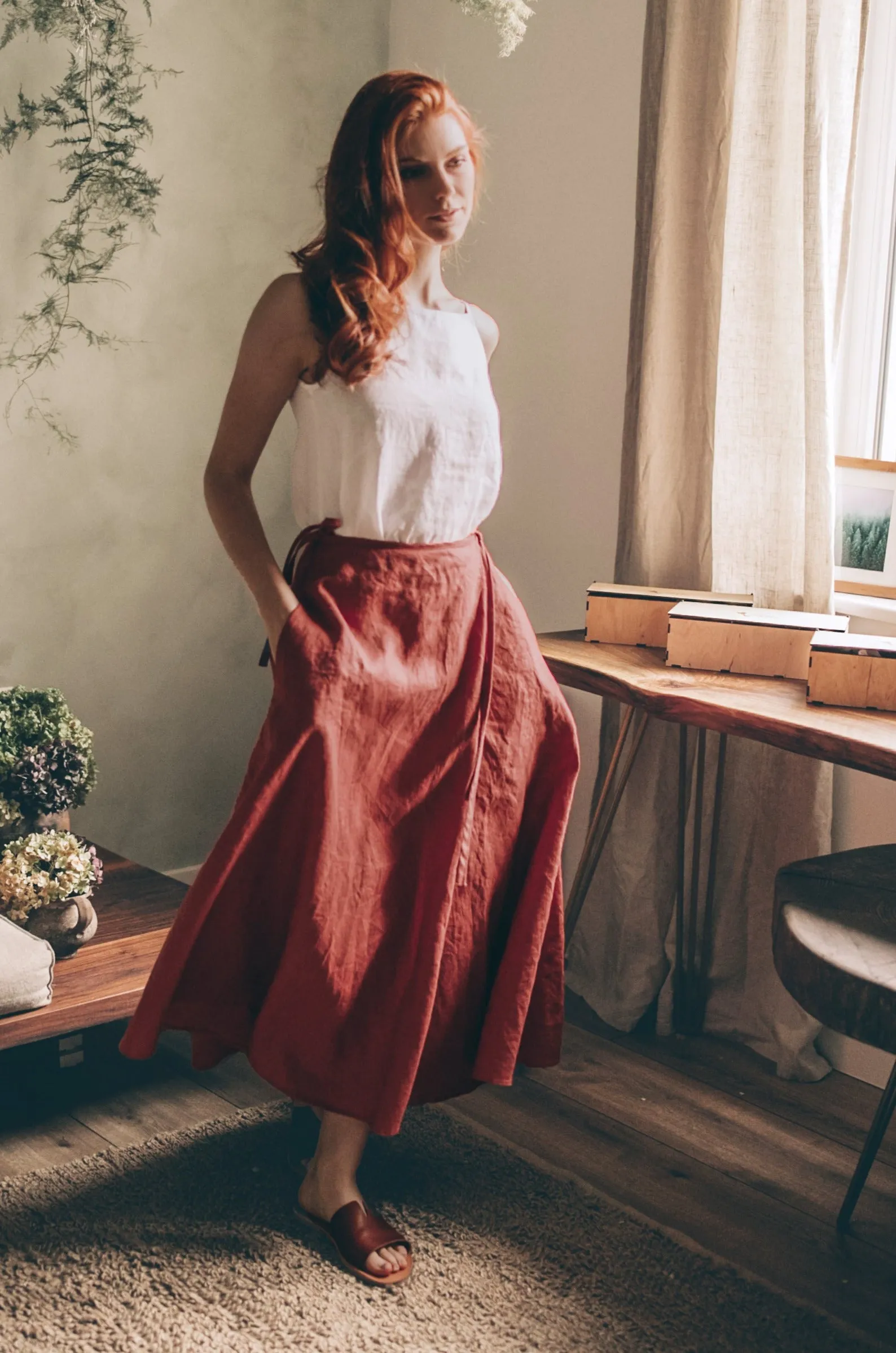 Midi Length Linen Wrap Skirt